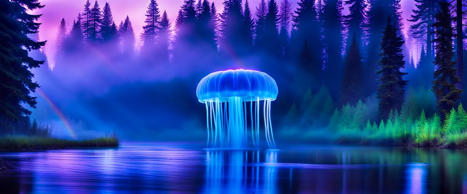 giant bio luminous Rainbow floating high JellyFish, light floating in a forest, mist, light trails, nighttime, long exposure, Treeline, Alberta, scientist, Dystopian, Hyper detailed, Realistic, Extreme depth of field, bokeh blur, Alberta all-natural, National Geographic, in the style of candid, imperfection, natural lighting, cinematic, Fuji Film, Anamorphic lens, 2040s, --ar 4:5 --w 150 --style raw