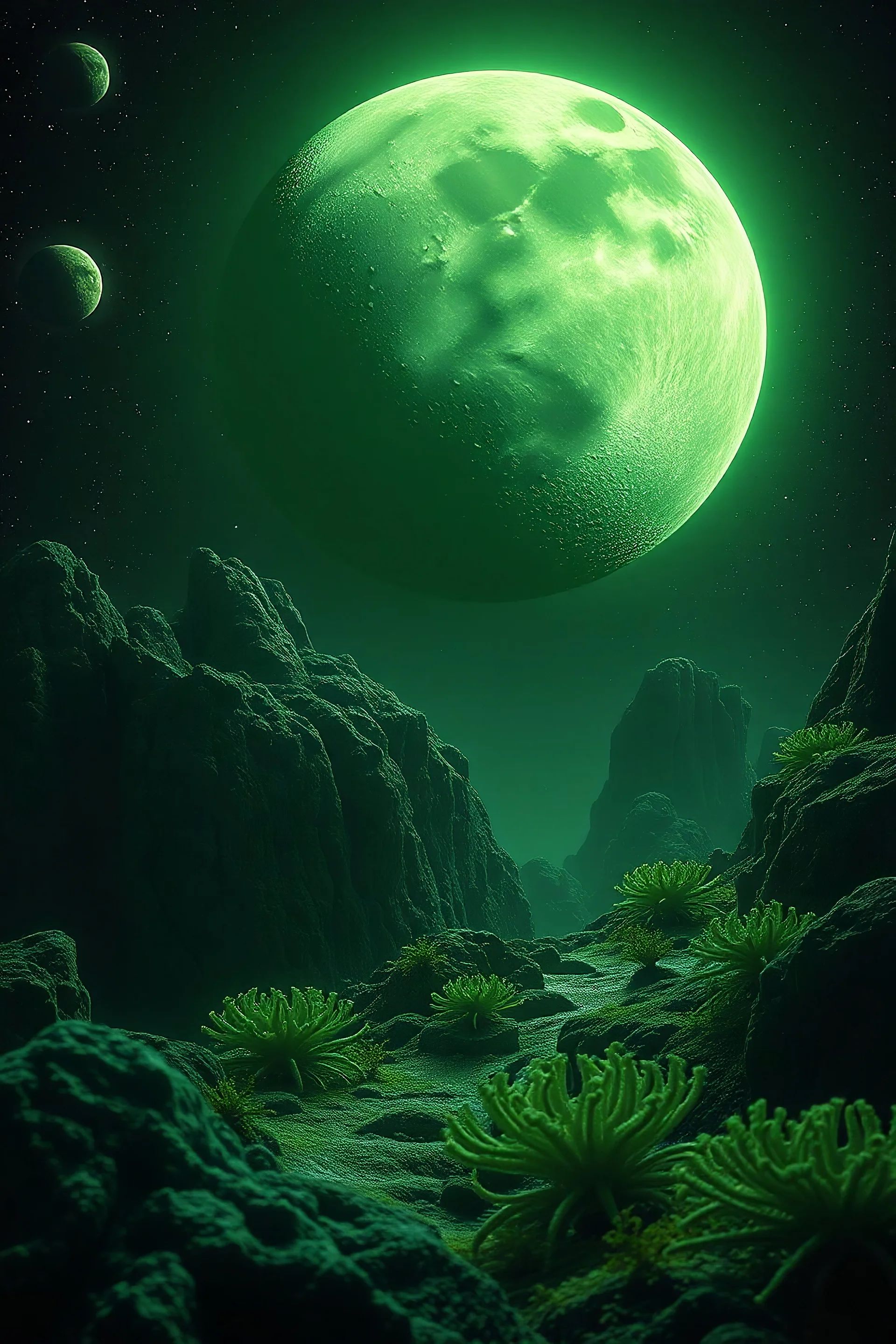 green moon landscape on fantasy green planet, space meteorites, stars in the night sky, fantasy plants on the planet like a sea sponge, split toning effect, subsurface gaussian scattering, dark fantasy, dark botany, photorealistic image, ultra-detail