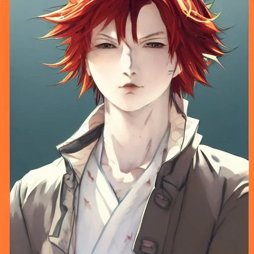 Detailed anime boy, crimson red hair, wolf ears, oranged colored eyes, white trench coat, intricate details, full body portrait, keep head in frame, slight smile, black Japanese motif, concept art, highly detailed, digital painting, concept art, sharp focus, illustration, art by Yoji Shinkawa, WLOP and greg rutkowski and alphonse mucha and artgerm and yanjun Chen and Junji ito and Makoto Shinkai, HDR, octane render