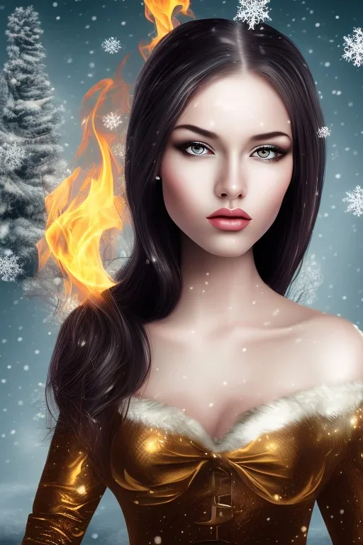 portrait young lady with big bobs black hairs Christmas in the snow and fire