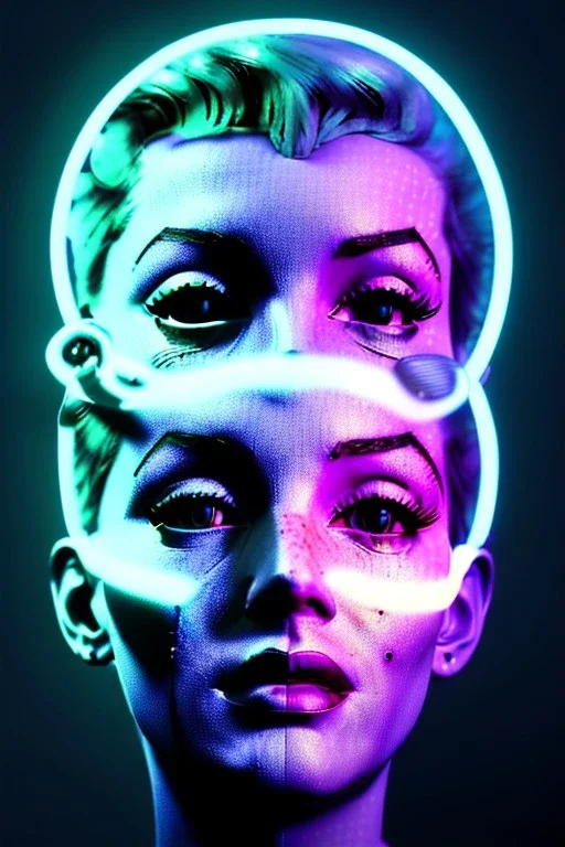 Ultra Realistic image, portrait, blonde woman, Marylin Monroe face, perfect iris, glow eyes, glow makeup. Cyborg, Cyberpunk, ex machina style, wires connected, oversized tight latex dress. fog, rain, soft color, highly detailed, unreal engine 5, ray tracing, RTX, lumen lighting, ultra detail, volumetric lighting, 3d, finely drawn, high definition, high resolution.