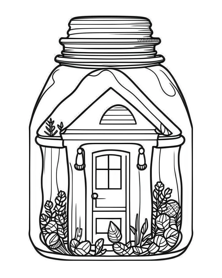 little house life in jar minimalistic, line art, background, vector, svg, coloring book page style, black outline on white background