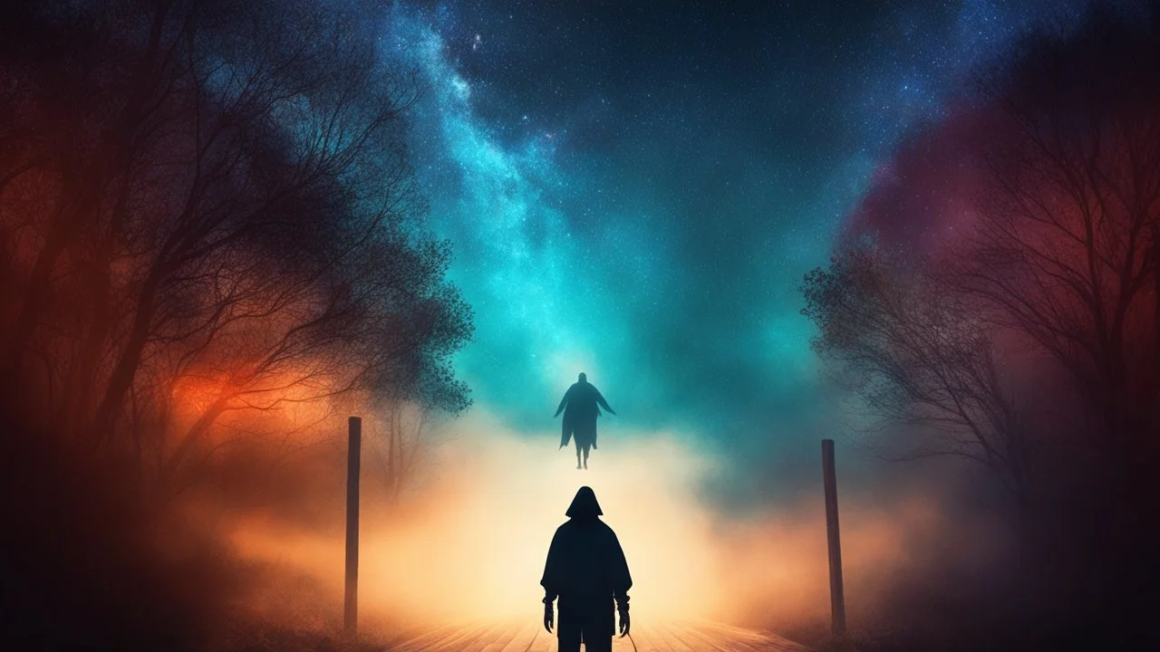 walking straight ahead over a wooden bridge, holding the angel of death with your right hand, entering the fog at the end of the road that leads to the afterlife, and a beautiful sunset and galaxy's behind the fog, realistic