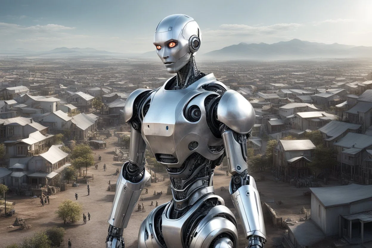 silver humanoid robot, with a human face, standing looking over a small alien town