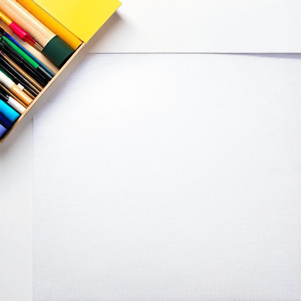 Art Studio Desk with a blank piece of papier, realistic art supplies, realistic drawing, top view, studio light