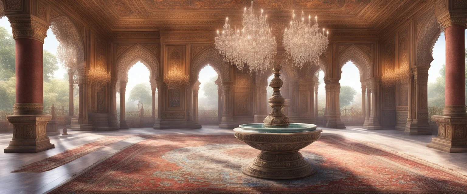 Hyper realistic detailed inside historical indian castle with chandeliers & ceiling paintings & glass work on pillars with beautiful carpet & water fountain