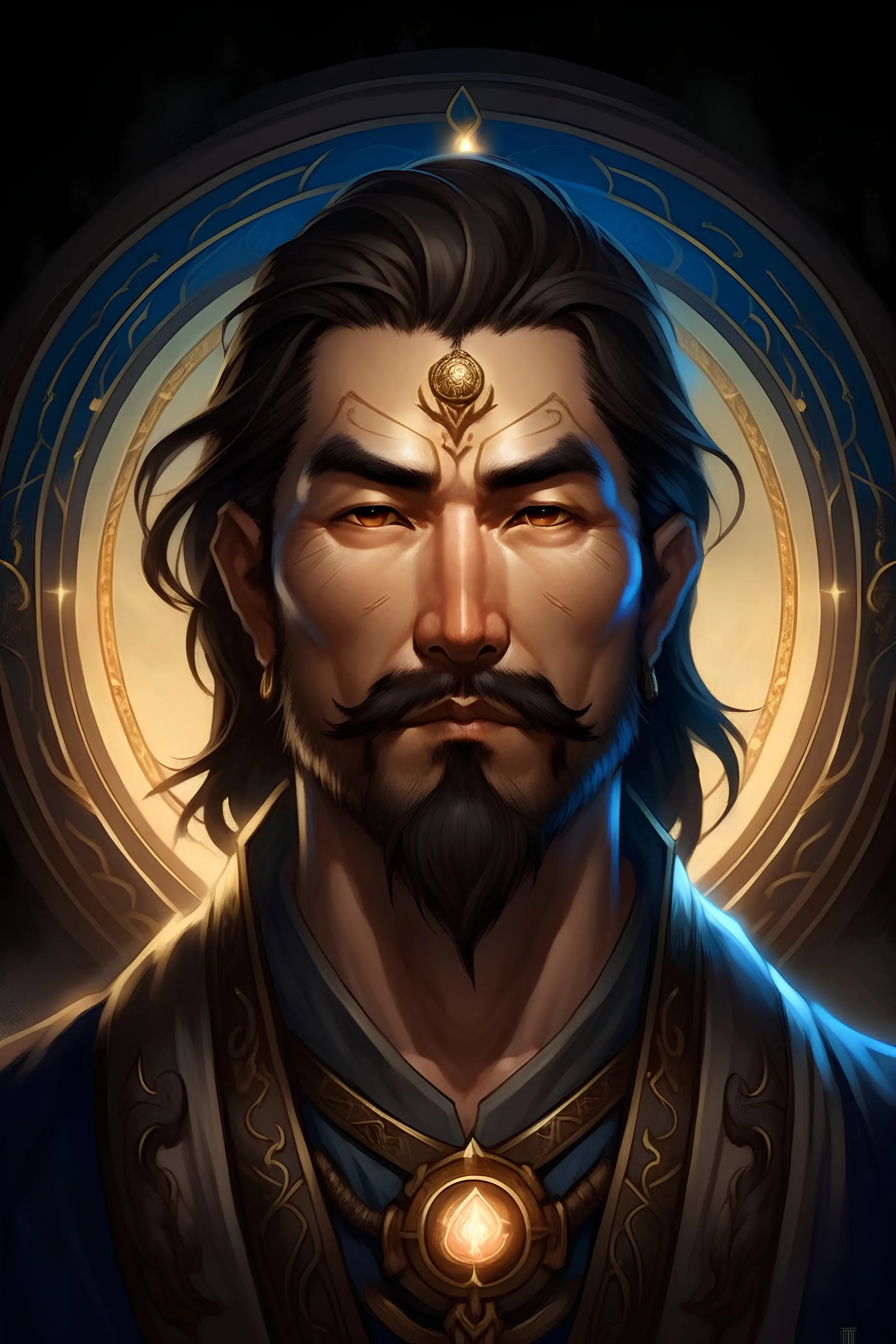 Generate a dungeons and dragons character portrait of the face of a male cleric of peace aasimar that looks like a asian man with scant facial hair blessed by the goddess Selune. He has black hair and glowing eyes and is surrounded by holy light, with a tatooed moon on the forehead