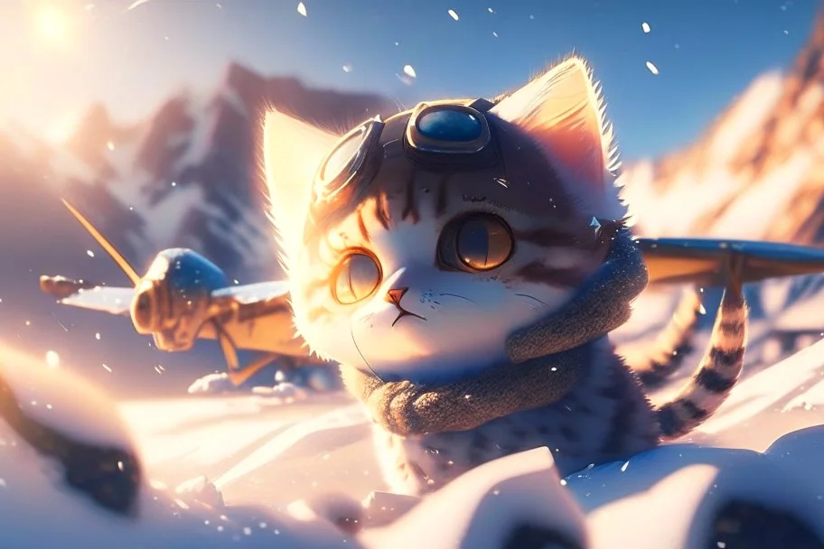 cute chibi anime frightened cat, crashed airplane in the snowy mountains in sunshine, ethereal, cinematic postprocessing, bokeh, dof