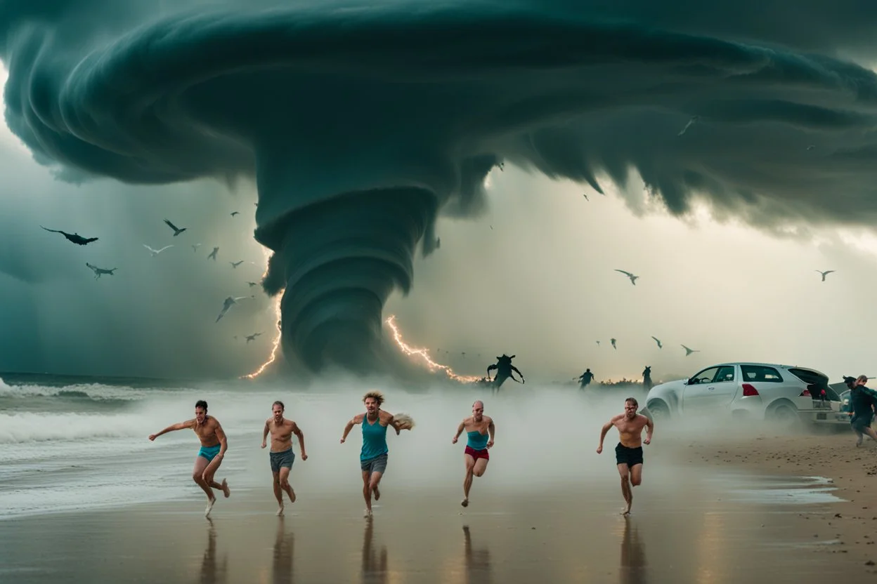 people running away from an giant tornado on a beach, cars and cows flying around