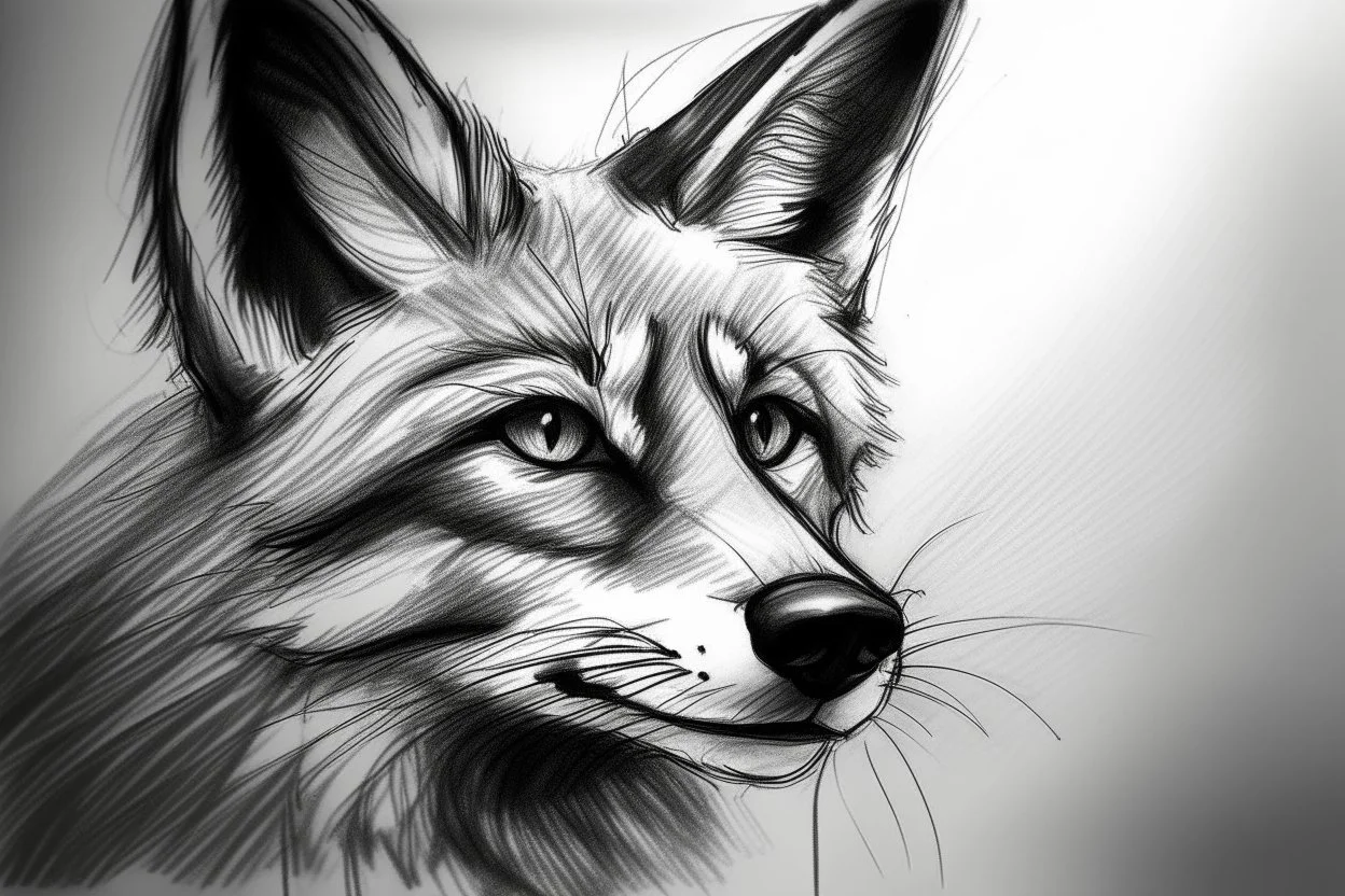 Rough outline sketch in rough charcoal, portrait of a fox