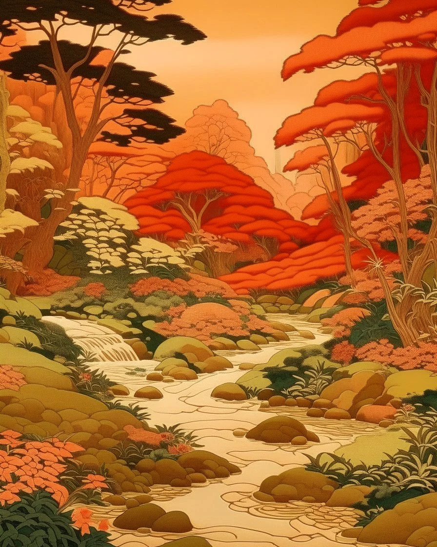 A salmon orange colored rainforest with a creek designed in Mayan architecture painted by Katsushika Hokusai