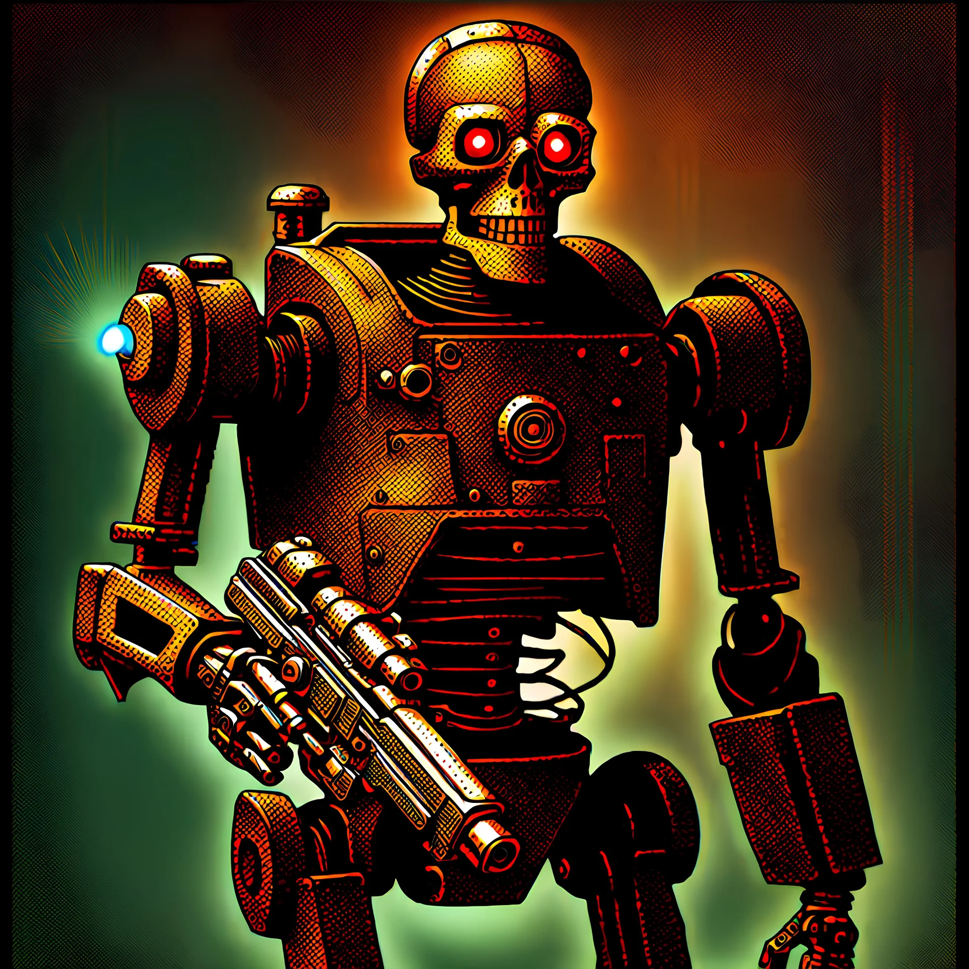 90's TCG art retro fantasy art of rusted skeleton robot with laser gun