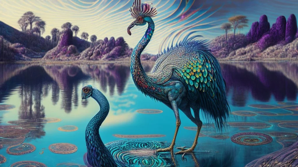 A proud cock strutting near the mysterious lakes of huge snakes; neo-surrealism dystopian elegant fantastical intricate hyperdetailed holographic magnificent meticulous mysterious ominous