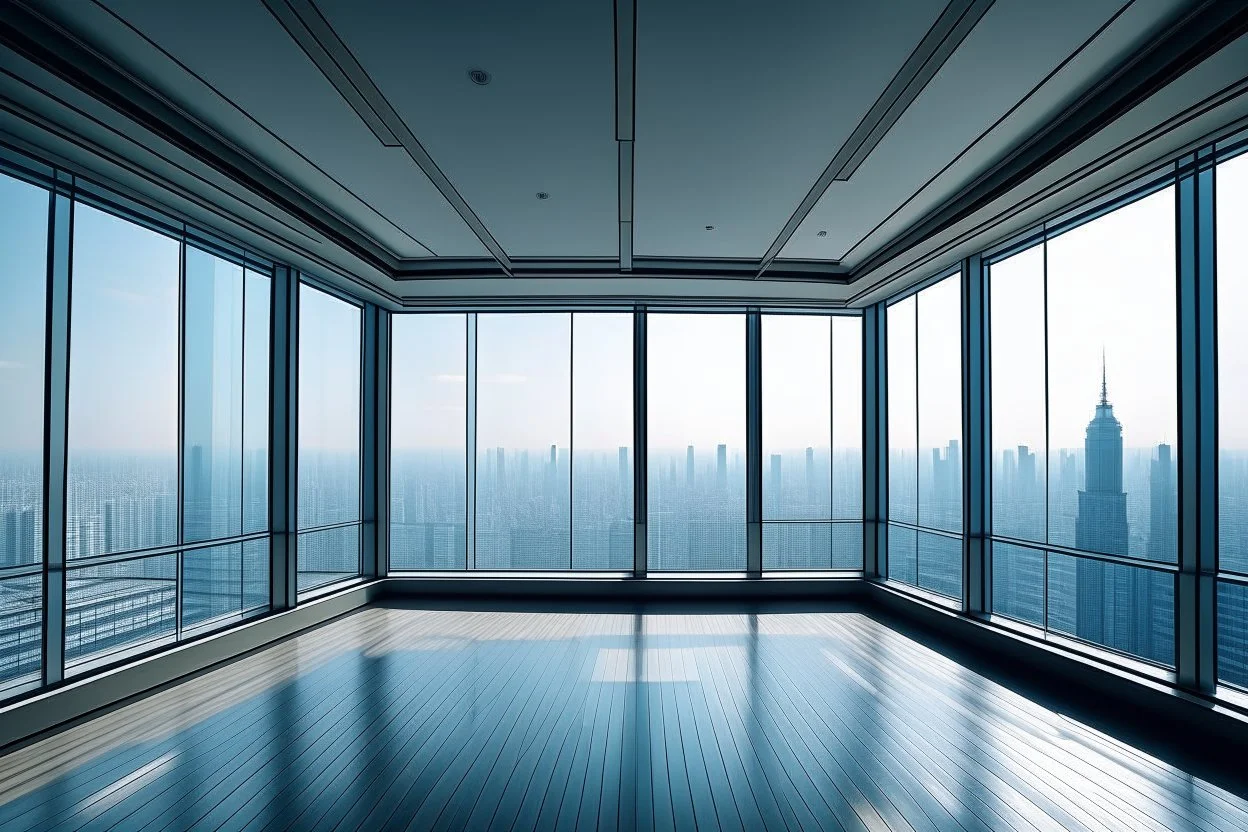 large and rectangular room on the top floor of the building, with large windows through which you can see the city's skyscrapers. diaphanous, only with columbas holding up the roof, frontal perspective