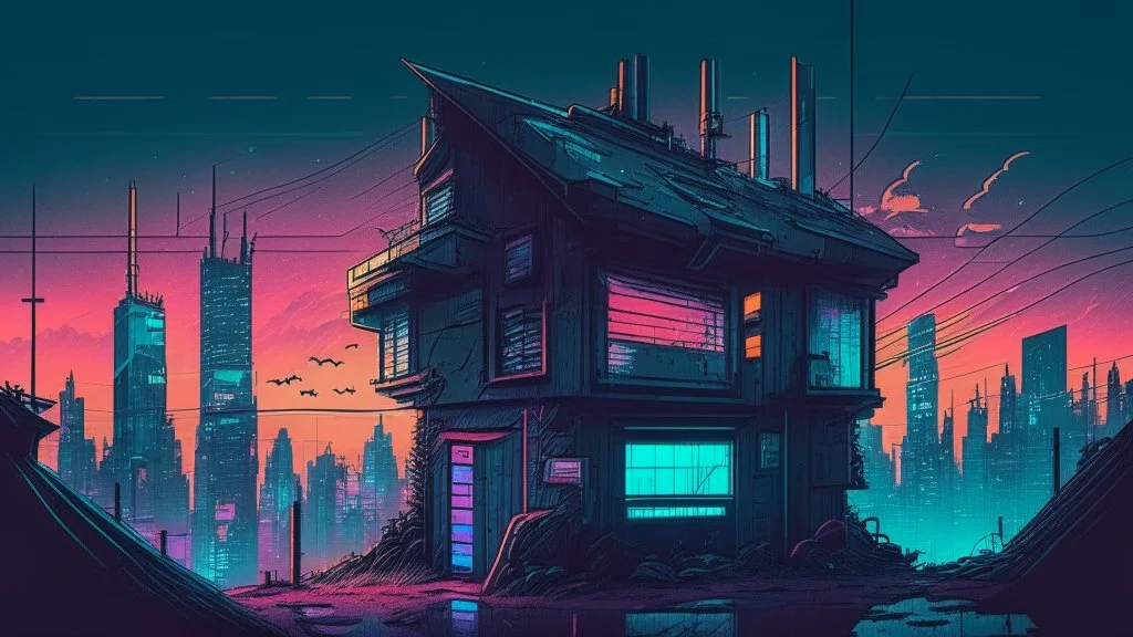 small german Cabin, In cyberpunk city-skyline, comic style