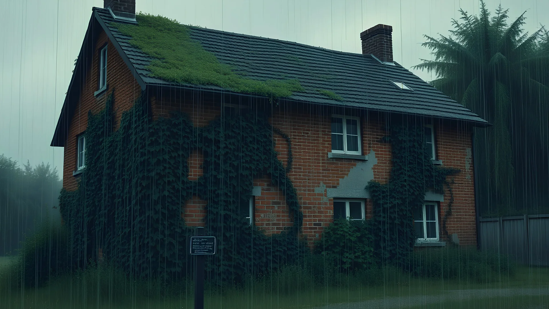 digital painting, An old brick house with ivy climbing the walls, affected by a chemical reaction to the heavy rain, showing discoloration and bubbling paint. The atmosphere is somber, with a dark sky and heavy downpour. This scene takes place in the early morning when the rain is just starting., monochromatic hue, minimalistic risograph duotone design effect, two color palette, veiled contrast, scandinavian vibe, diffused pale light, bold and slim lines, brush strokes