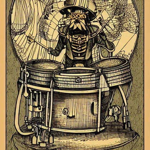 vitruvius man, playing drums, steampunk, art nouveau,