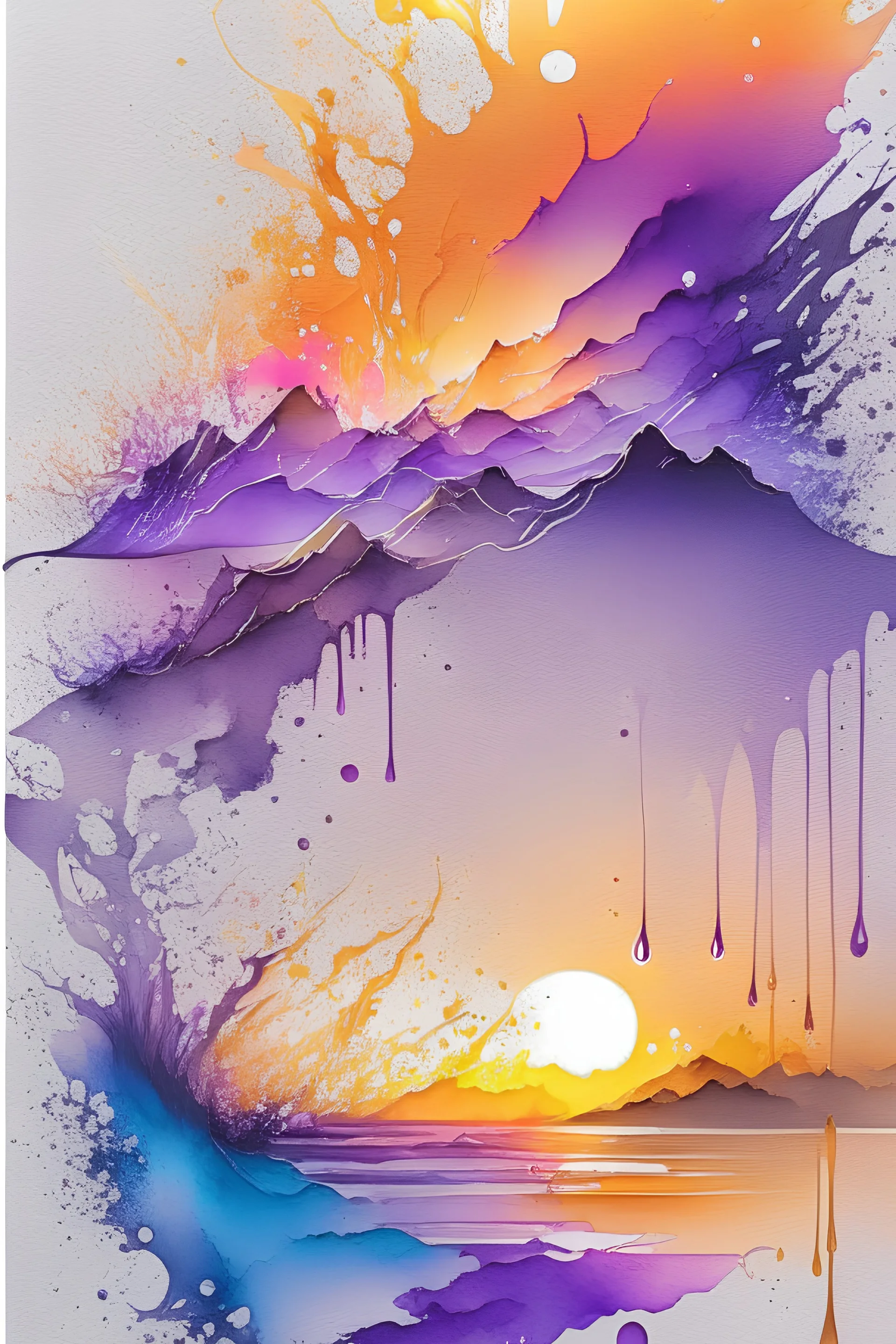 2:3 Full size, watercolor on transparent background paper, chromatic, zoom, sharp, splash of colors on a white background, a detailed golden purple sunset fire style, Beach with light blue water, Mountains, graffiti elements, powerful zen composition, dripping technique, & the artist has used bright, clean elegant, with blunt brown, 4k, detailed –n 9, ink flourishes, liquid fire, clean white background, zoom in, close-up,