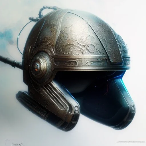 photorealistic jangl fett helmet, illustration by <agnes cecile> <Yoji Shinkawa>, natural tones, ornate and intricate detail , soft smooth lighting, soft blue and silver colors,