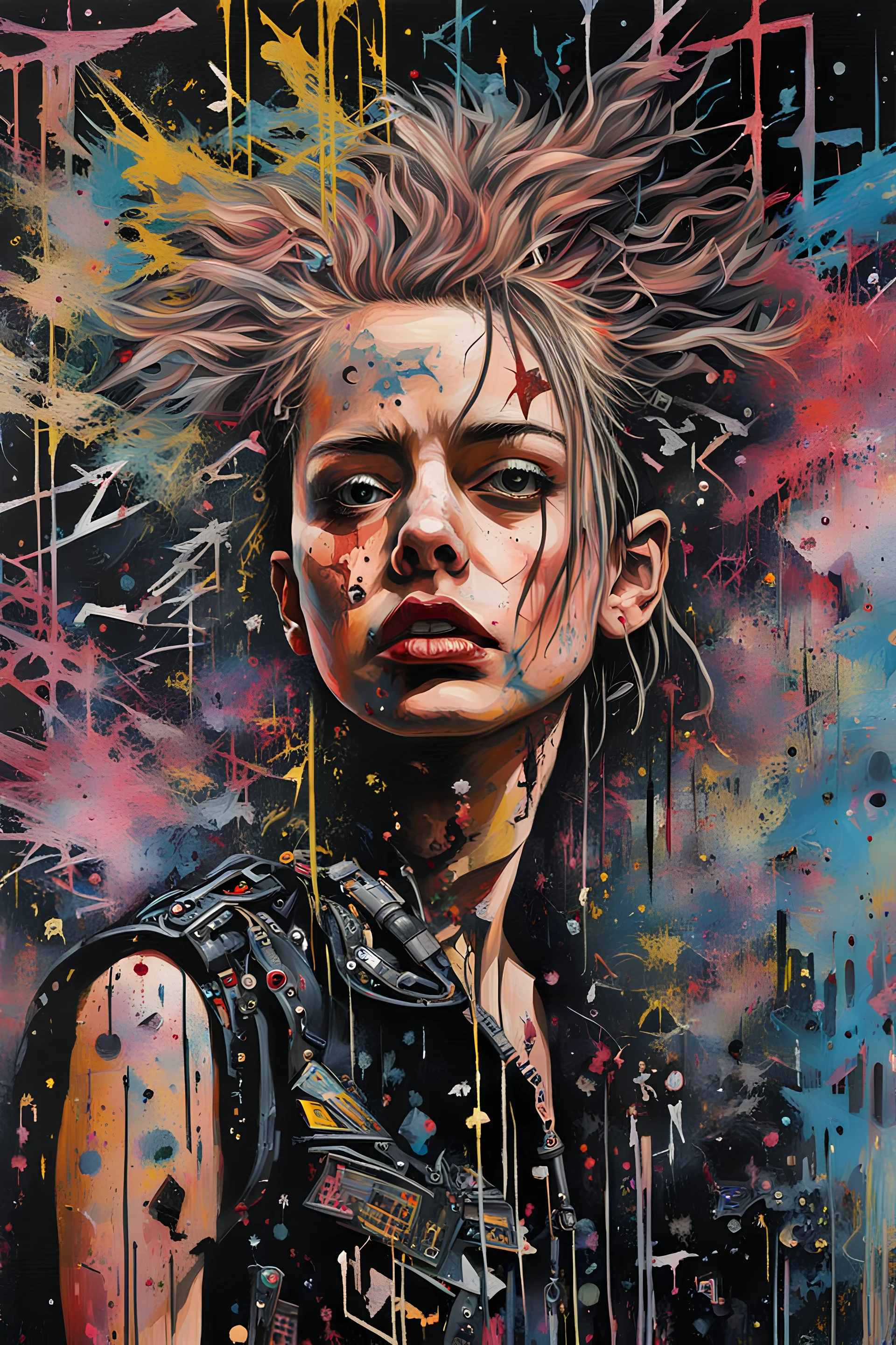 Ultra detailed medium portrait painting of chaos showing anxiety , no air, tight, torn up punk poster, broken circuitry background, matrix effects, punk visual art, punk art aesthetic, graffiti art, pop surrealism, collage art, cluttered paint glitches