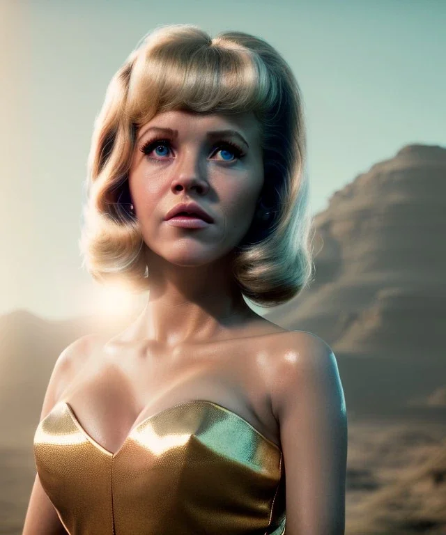 Ultra Realistic retro sci-fi movie, classic ovni levitating, 1960 year, waist up view portrait, blonde woman, sweet teenager Jane Fonda face, perfect iris, glow eyes, face makeup, tight latex coat, retro glass helmet, Retro sci-fi style, soft color, highly detailed, unreal engine 5, ray tracing, RTX, lumen lighting, ultra detail, volumetric lighting, 3d, finely drawn, high definition, high resolution.