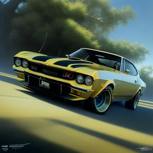 hyperrealism Drawing of '1973 XB GT Ford Falcon' three quarter frontal aerial view, by gaston bussiere, greg rutkowski, yoji shinkawa, yoshitaka amano, tsutomu nihei, donato giancola, tim hildebrandt,oil on canvas, cinematic composition,Sharp detail,extreme detail,fit full head inside picture,16k