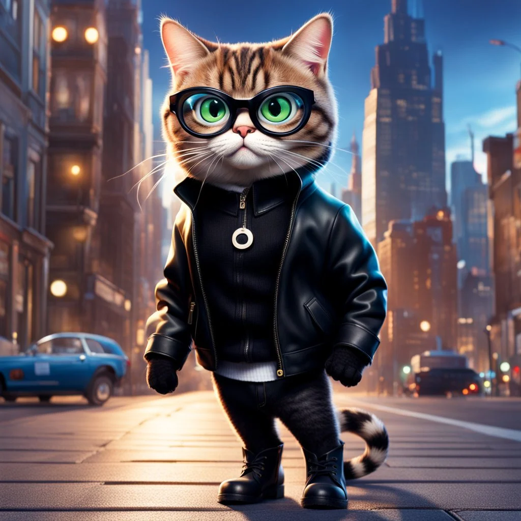 Gato antropomorfico con chaqueta negra, gafas negras, botas, asustado, estilo Pixar, fondo de ciudad