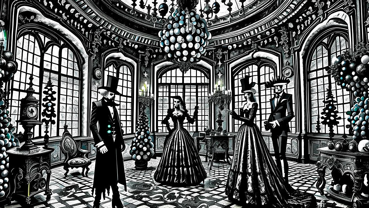 stunning weird goth christmas holiday in vintage goth room 1 xmas tree with black and silver balls decoration, beauty unique victorian goth style clothes women and men talking and dancing each other in tall victorian castle room, ghosts, demons, dark colors, high detalied, sharp focus, high texture, dark fantasy style , surreal vibe