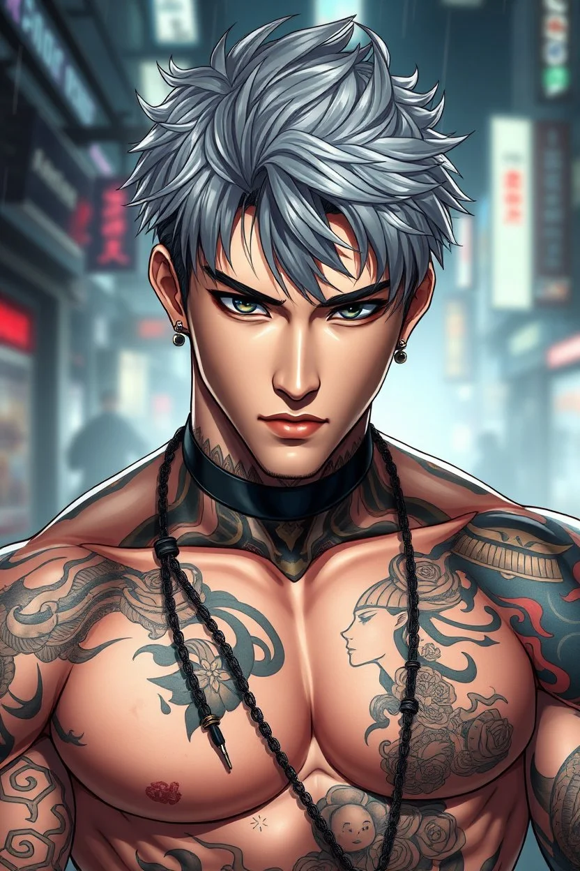 3d detailed anime attraktive young korean male character with elaborate detailed warrior tattooed . The character’s muscular build, some ring jewelry, dark silver hair, dark eyes, young korean man with attractive masculine face, shados, pale light, cyber urban background