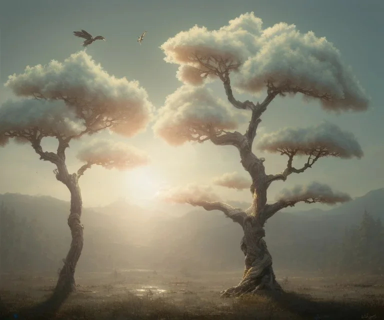 a beautiful digital painting of a marble tree entertwined in tumutluous clouds, intricate white branches and birds flying in the sunlight, blue sky at sunset, elegant, highly detailed, artstation, concept art, matte, sharp focus, art by tom bagshaw, kelogsloops and greg rutkowski