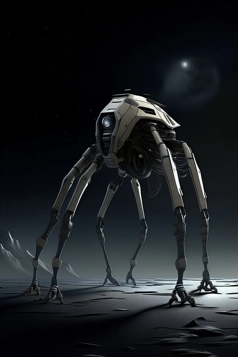 I want an image of a eight legged mechanical walker scaling the side of mout everest at night, it has a smooth surface, it has storage pods on its belly human can fit in the pods