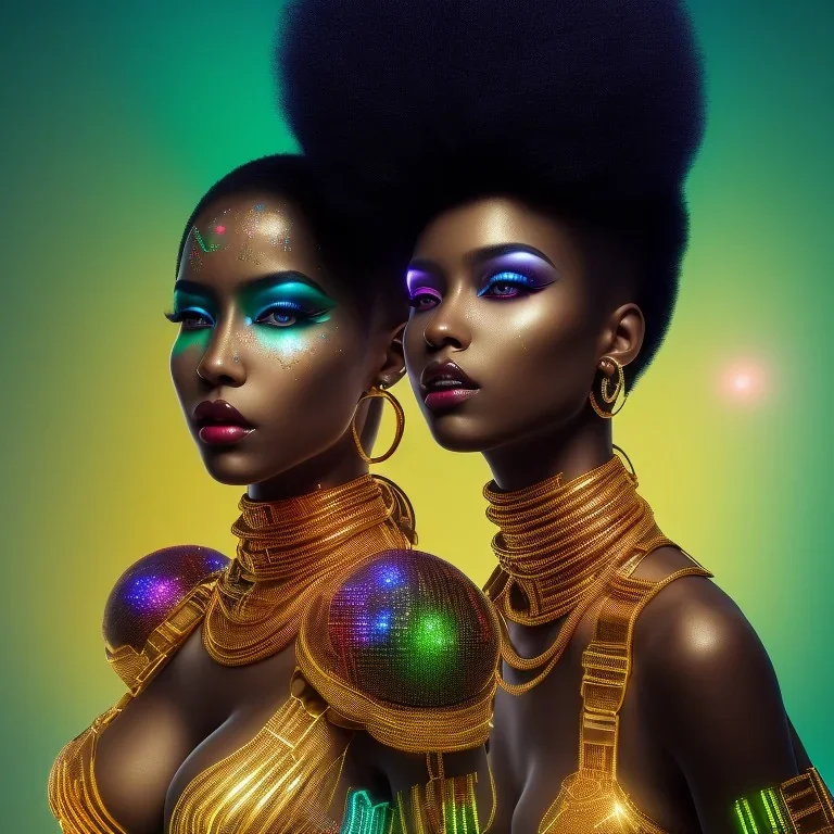 full body shot, masterpiece, best quality, family of three, black skinned, sparkling eyes, fluorescent skin, colorful makeup, hip hop , highly detailed body, afrofuturism, scifi, sun light, 4K, RAW, depth of field, high contrast, realistic details, 24mm