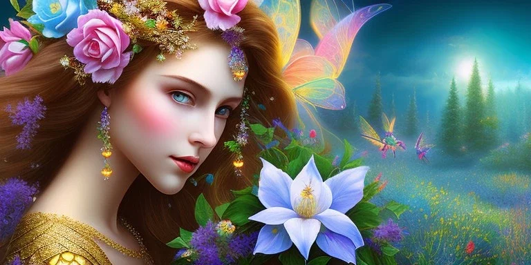 bright fairy, beautiful portrait, flowery landscape