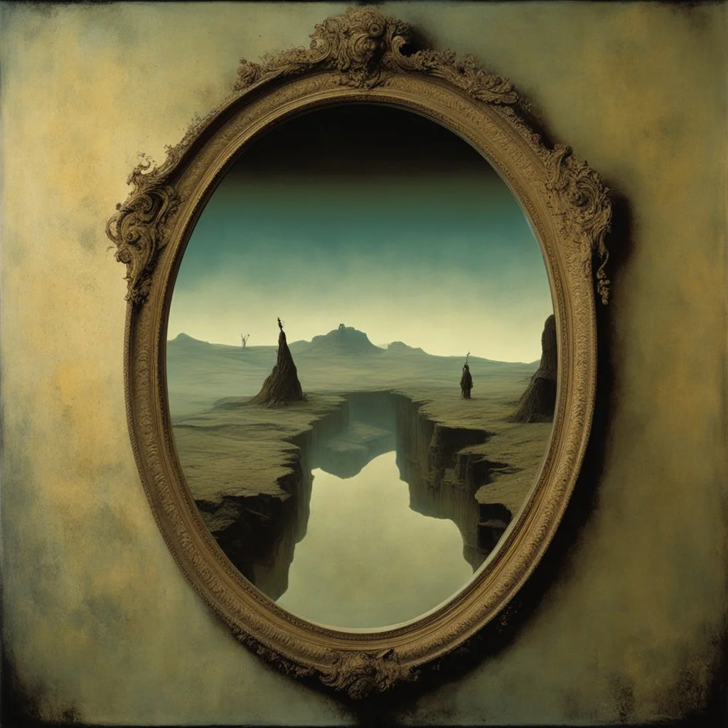 portrait of a cursed mirror that only reflects photo negatives of mournful faces, by Zdzislaw Beksinski and Yves Tanguy and Brett Weston, color photorealism, natural colors, palpable textures, distinctive visceral style, detailed line work, surrealism powerhouse, opulent shadows, menacing illusions.