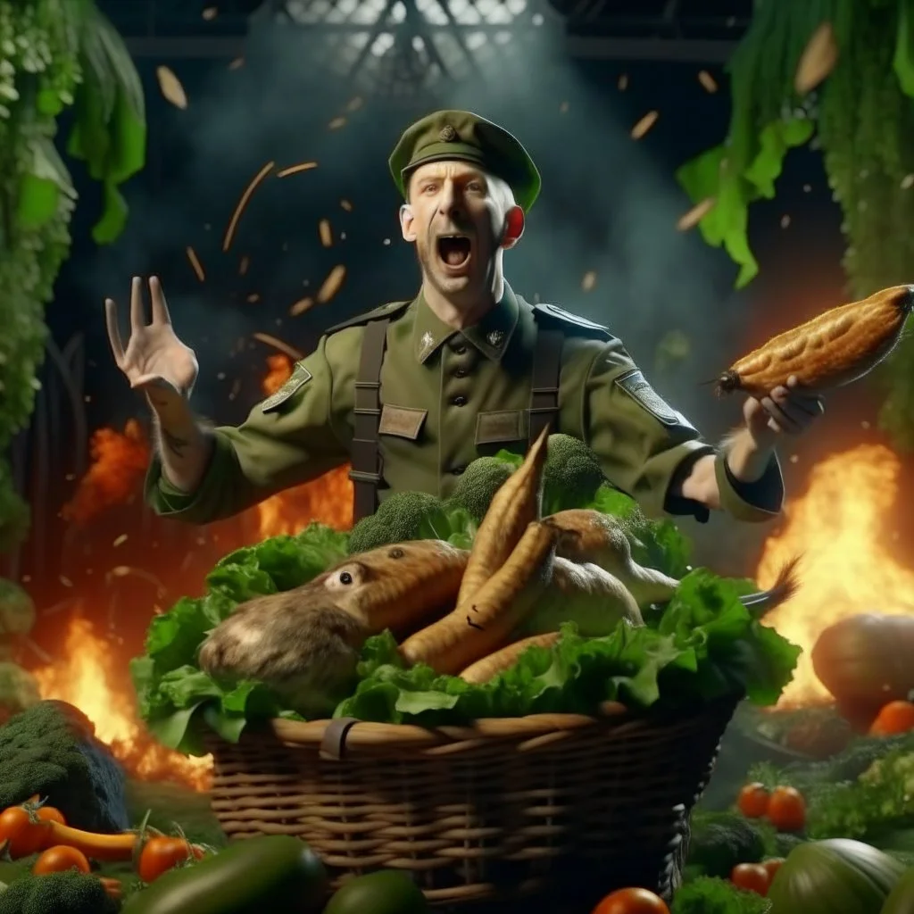 victory portrait of crazy cook army officer dunking vegetables in basket inside grove with fluffy hare with mutations getting blasted by exploding hare, 4 k, down-light, soft light, depth of field, photo realism, trending on art station, high detail, spray paint