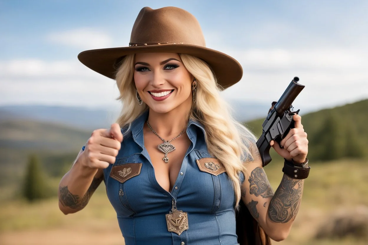 gangsta western blonde cowgirl with tattoos, she has a revolver and a cowboy hat, she makes a thumb up, she smiles and points the camera to say "THANK YOU" [no writing] he is on the hill of the shire