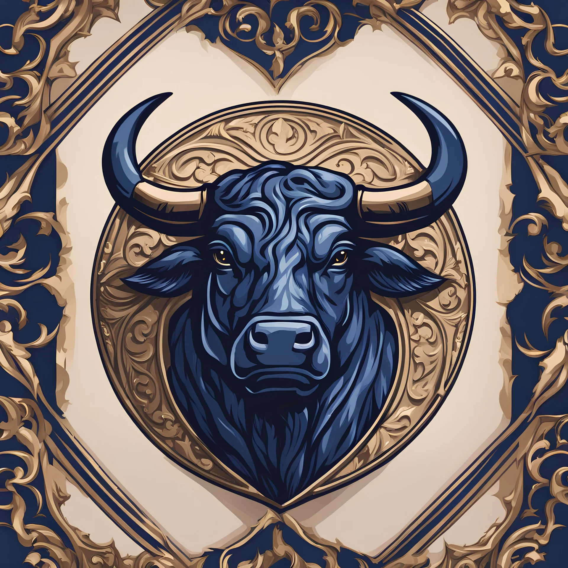 Renaissance style Sports logo, dark blue theme, bull's head . Realistic, perspective, light and shadow, religious themes, highly detailed