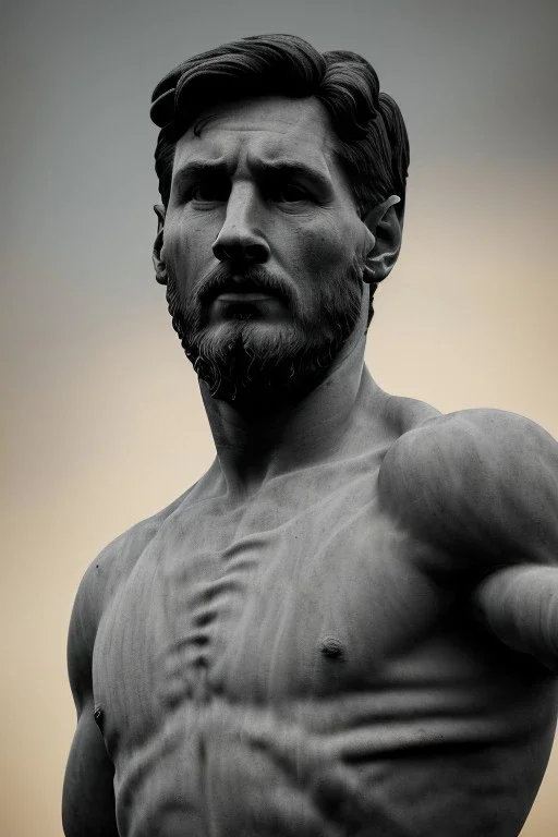 Ultra Realistic image, classical renaissance sculpture, marble material, Lionel Messi, emperor style, chisel style, waist up portrait, epic, celestial, cinematic lighting, God light, god rays, 4k resolution, smooth details, ornate details, soft lighting, unreal engine 5, sky background.