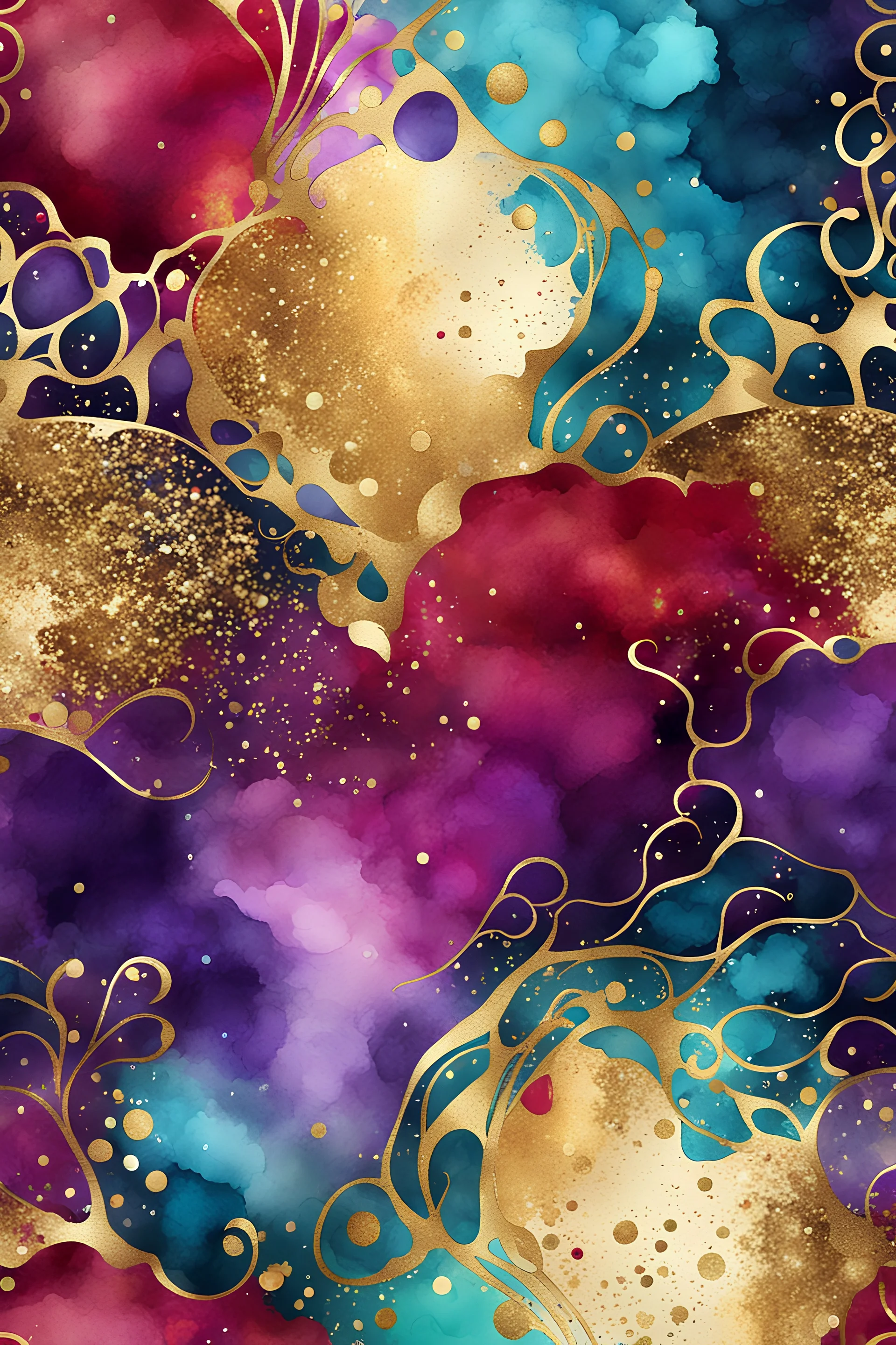 abstract golden glitter, dark royal Red, purple and turquoise watercolors with golden outlines