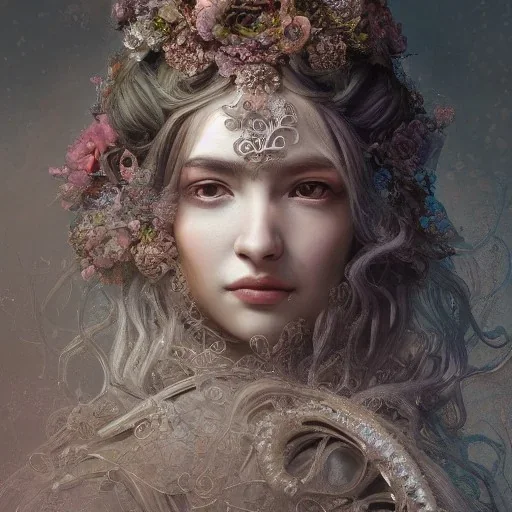 Insanely detailed photograph of an “portrait of gorgeous Greek goddess ” with intricate hair, intricate embroidered dress, beautiful clear face and hyperdetailed painting by Ismail Inceoglu Huang Guangjian and Dan Witz CGSociety ZBrush Central fantasy art album cover art,8K, hdr, romantic, mysterious, ominous, flowers, jewelry, comfort, natural eyes, "arms open for embrace"