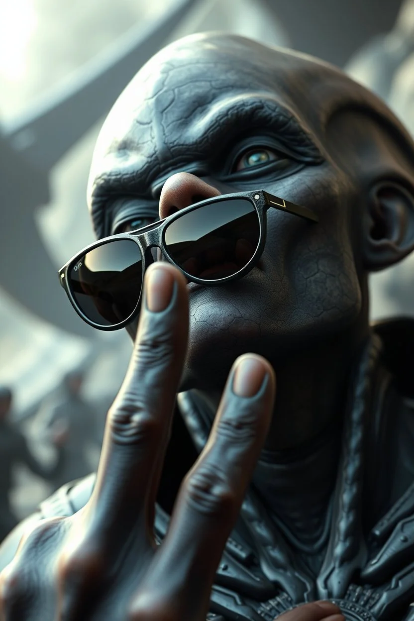 Alien wearing a dark sunglasses looking up , d&d character art masculine features, finger to you with his index hand , deep coal-gray skin, 8k, 3d cgi, unreal engine 6, high detail, intricate, cinematic battle background