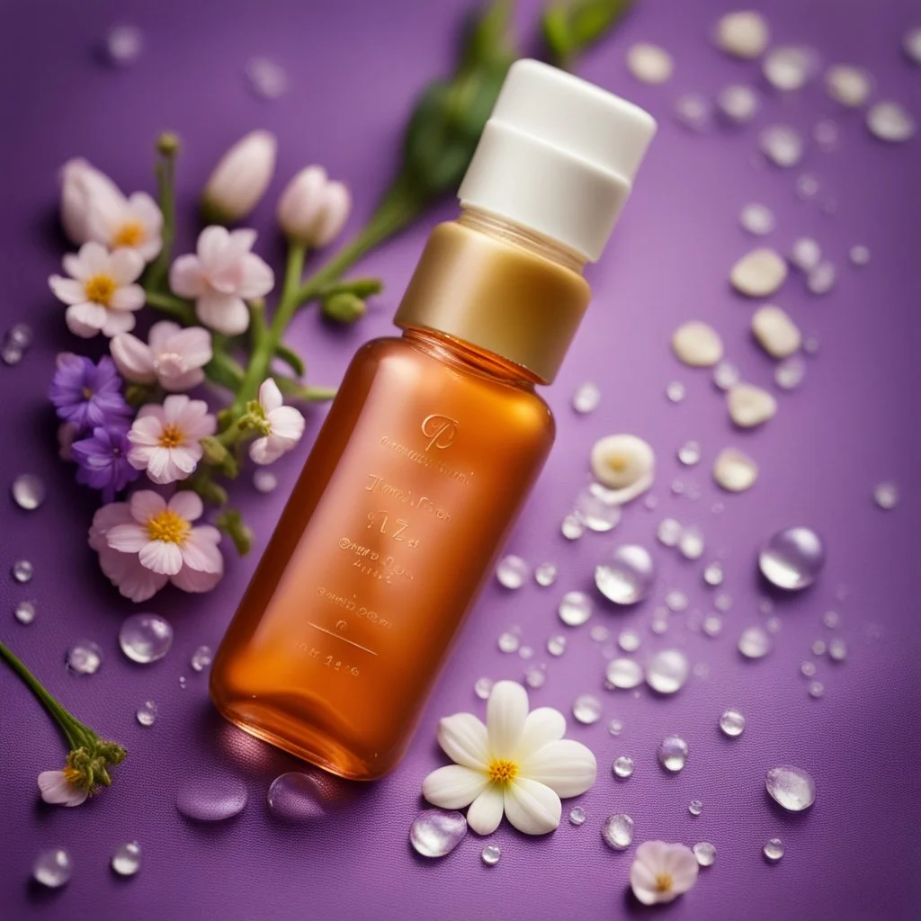 a small vial lies on a beautiful floral background top view, in the background there are beautiful spring flowers and a drop of cream, high-quality picture, top view