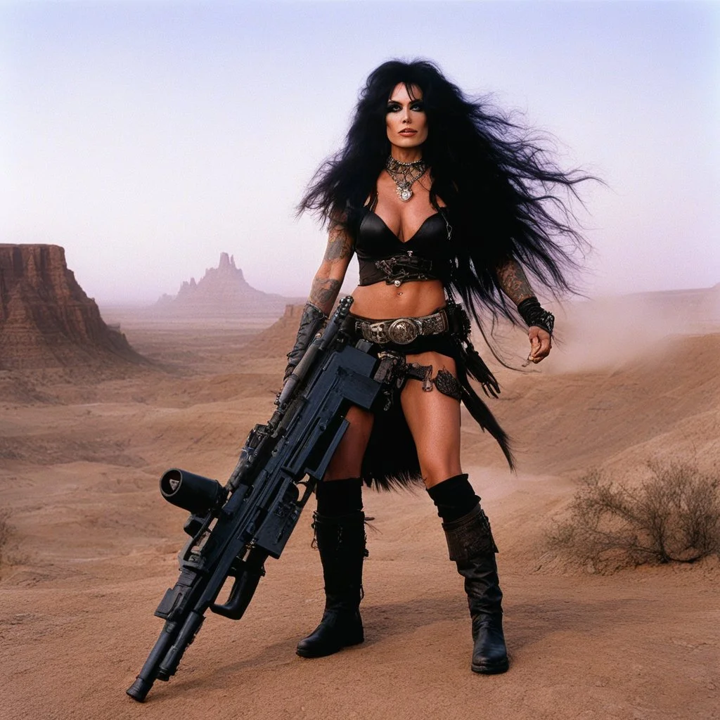 tattooed Julie Strain in action, standing on a dusty hill in the badlands - Heavy Metal F.A.K.K.2 her machine-gun in hand (shot from The Dark Crystal, 1982 dark fantasy film directed by Jim Henson and Frank Oz)