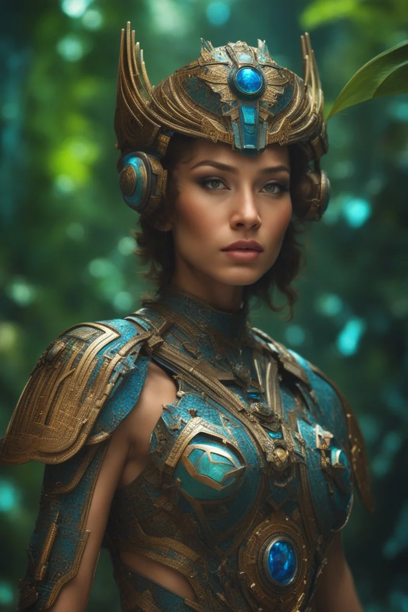 (The Year 2745 A.D.), (Beautiful Young Warrior In A Futuristic Jungle), High Quality, Super Closeup, Extreme Definition, Insanely Detailed, Beautiful Composition, Detailed Resolution, Ultra Closeup, Intricate Detail, Fine Detail, Vivid Colours, Innovative Futuristic Technology, High Tech, Intricate Designs, Futurism, 8k, Laser Sharp Focus