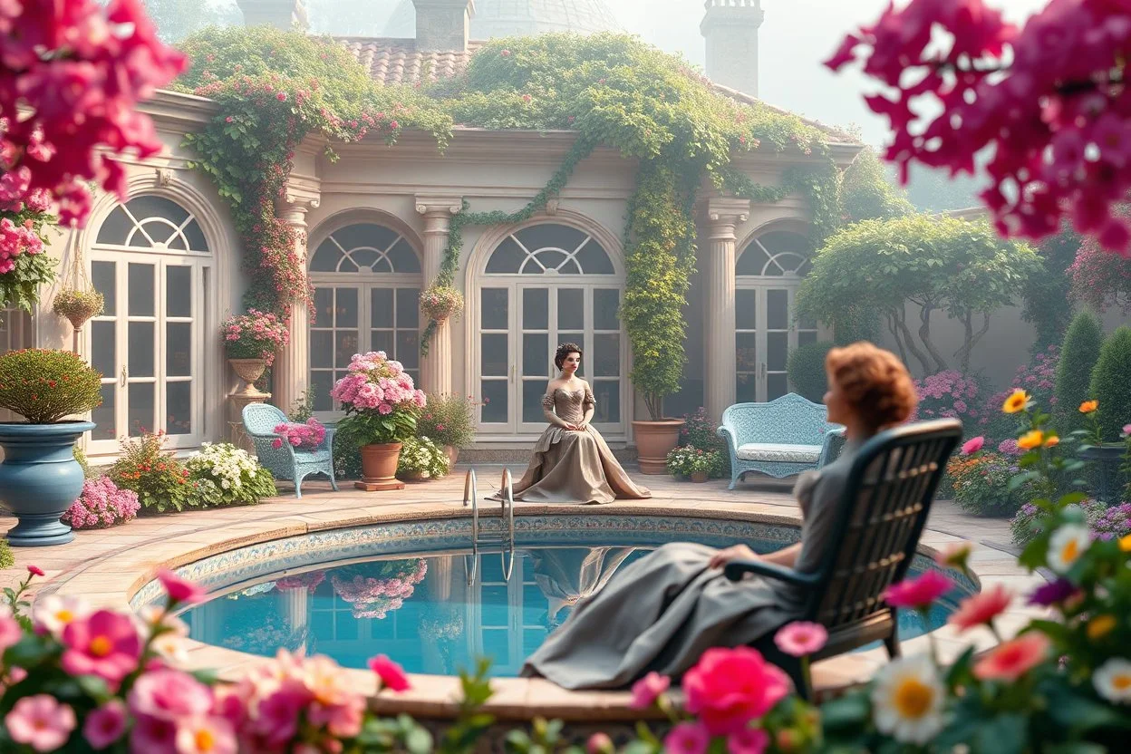 all scene is made of small colored cubes:a luxury villa yard with pool in center and pretty plants trees flowers, morning mist, lost paradise atmosphere,a pretty model lady in victorian clothing resting in a comfort far in villa yard in flowers .every thing and lady is made of small colored cubes as a pazzle