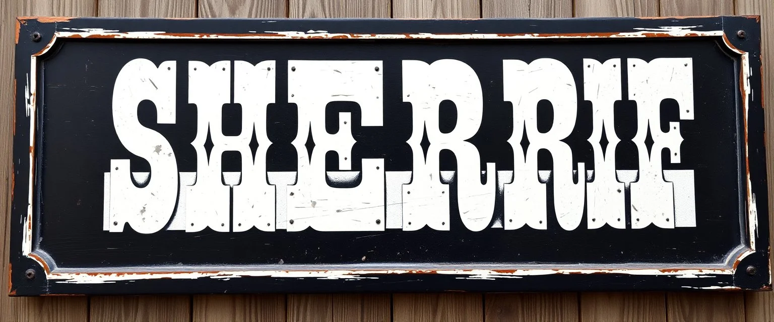 large and wide hand painted old western sign that reads: "SHERRIF" white on black with inset boarder stripe in white aged