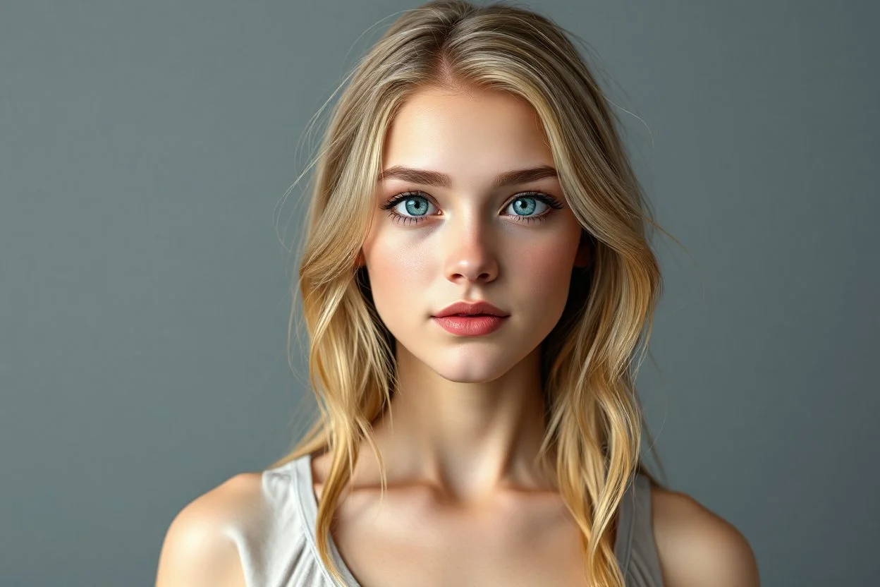 A twenty-year-old girl, blond hair, 3d model, full length, realistic, photo, hyperreal, front, all positions, full body