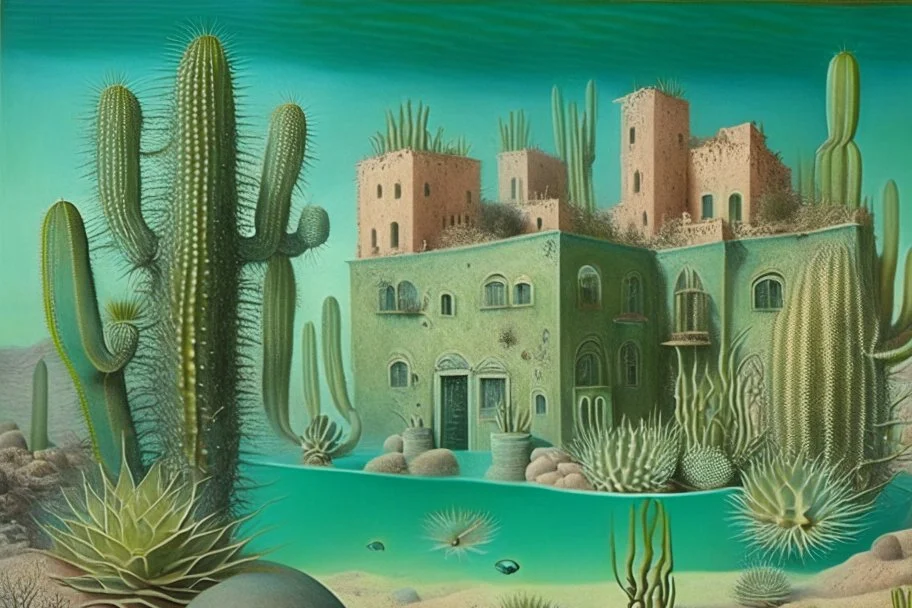 a fantastic cactus city with cactus houses underwater by artists "Leonora Carrington" and "Piranesi"