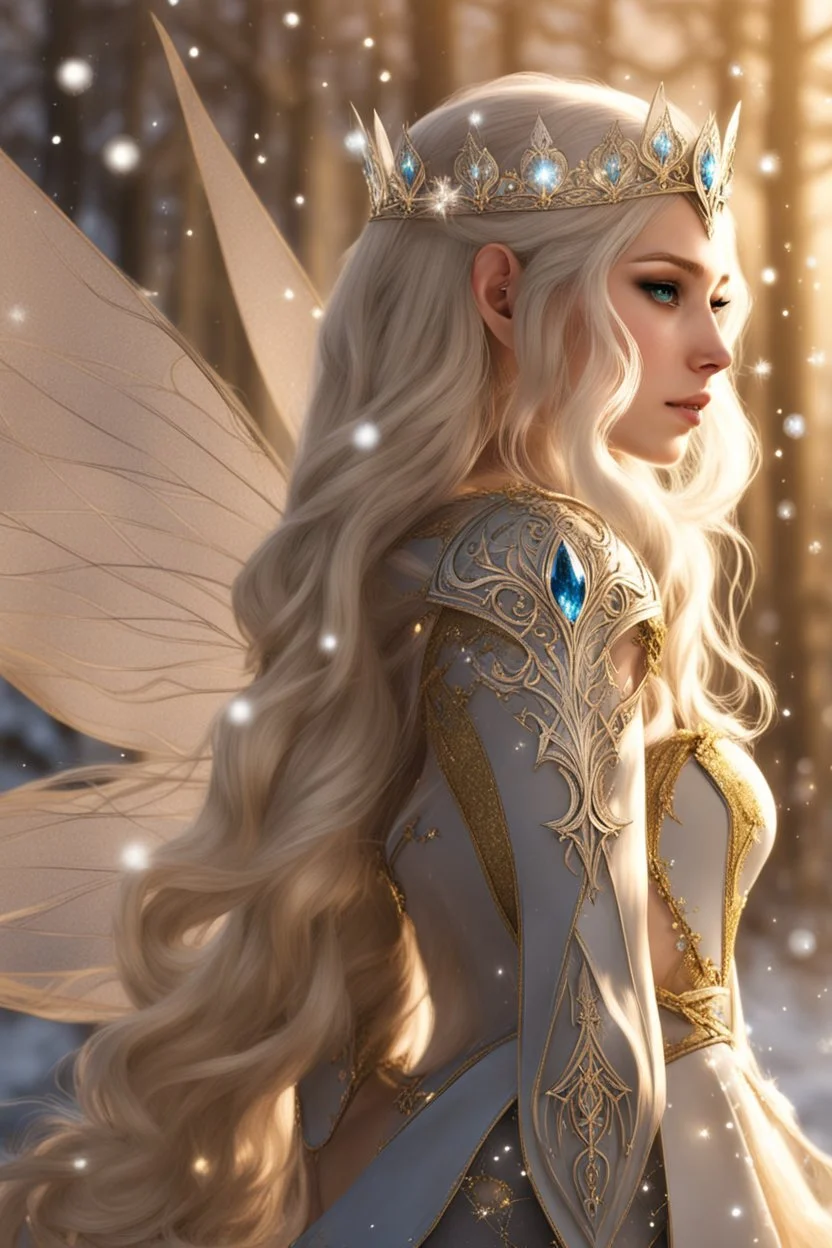 Elven princess,elven crown,long white blonde golden hair,rapunzel hair,ice flowers,beautiful,light blue,dark blue,golden armor,sparkle,glitter,ice flowers,snow,elven ears,dark fairy princess