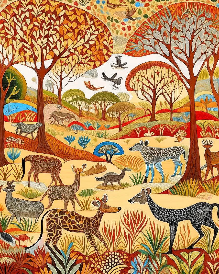 A savanna filled with mammals designed in aboriginal art